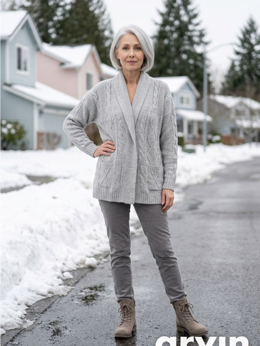Rachel Zoe Cable-Knit Shawl Collar Cardigan - Light Gray